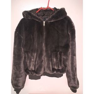 Hooded faux fur bomber jacket
